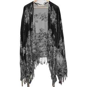Abercrombie & Fitch Black Gray Grey Floral Fringe Shrug Poncho Sweater One Size
